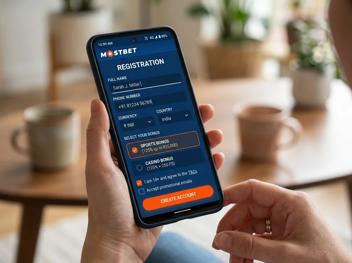 Скриншот формы регистрации Mostbet на смартфоне — поля для имени, телефона и выбора бонуса на тёмно-синем интерфейсе